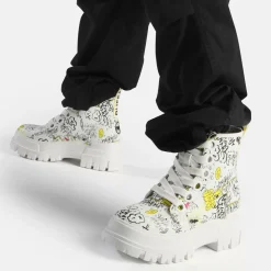 Fashion BUFFALO Aspha Lace Up Hi Bottines Veganes Blanc Graffiti