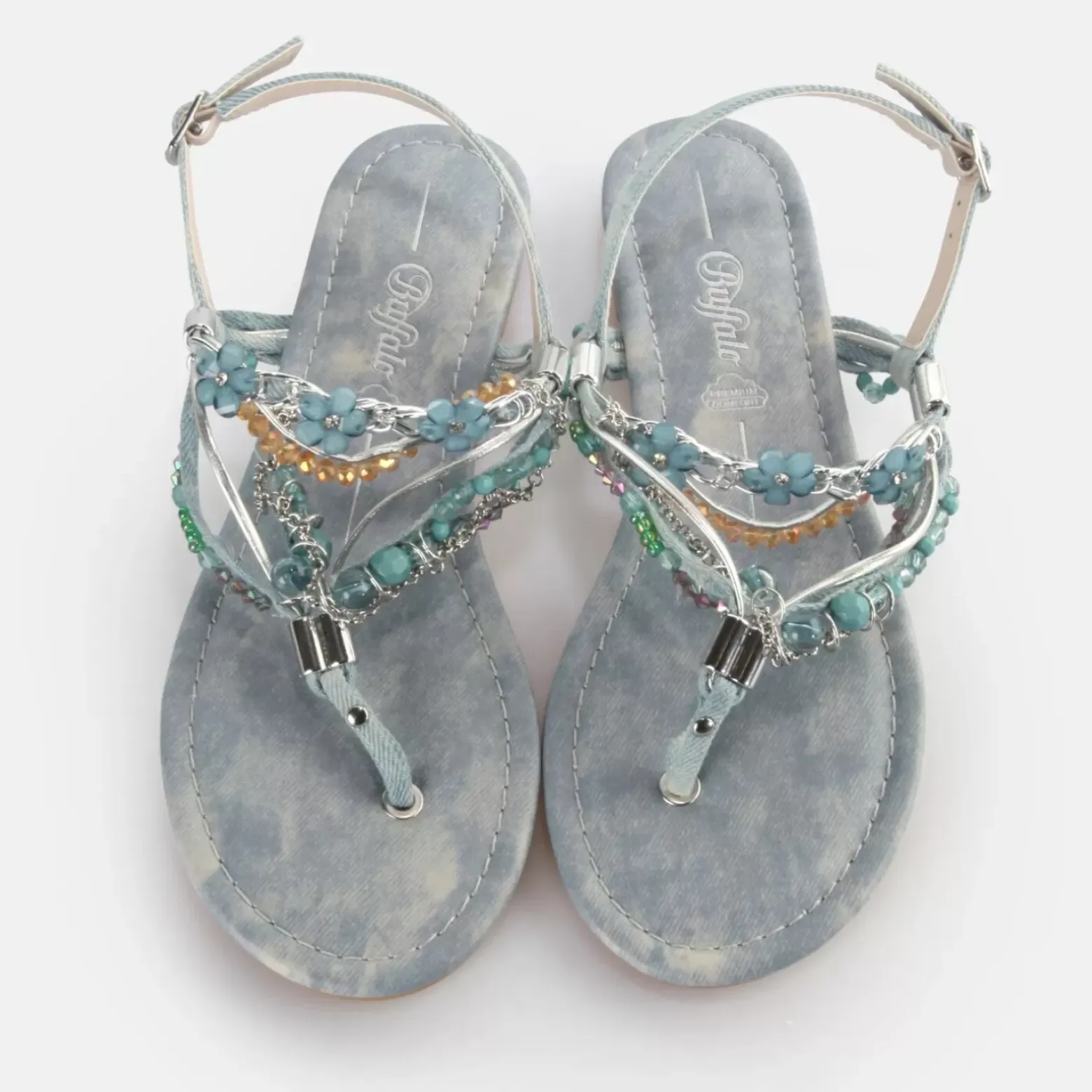 Outlet BUFFALO Capri Vacay Sandales Veganes Argente Jean/Bleu Aqua