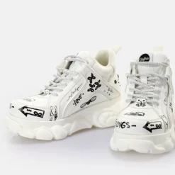 Cheap BUFFALO Cld Corin Baskets Basses Vegan Graffiti Doodle Blanc