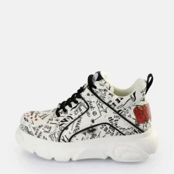 Outlet BUFFALO Cld Corin Graffiti Baskets Basses Veganes Blanc/Noir Noir-Blanc